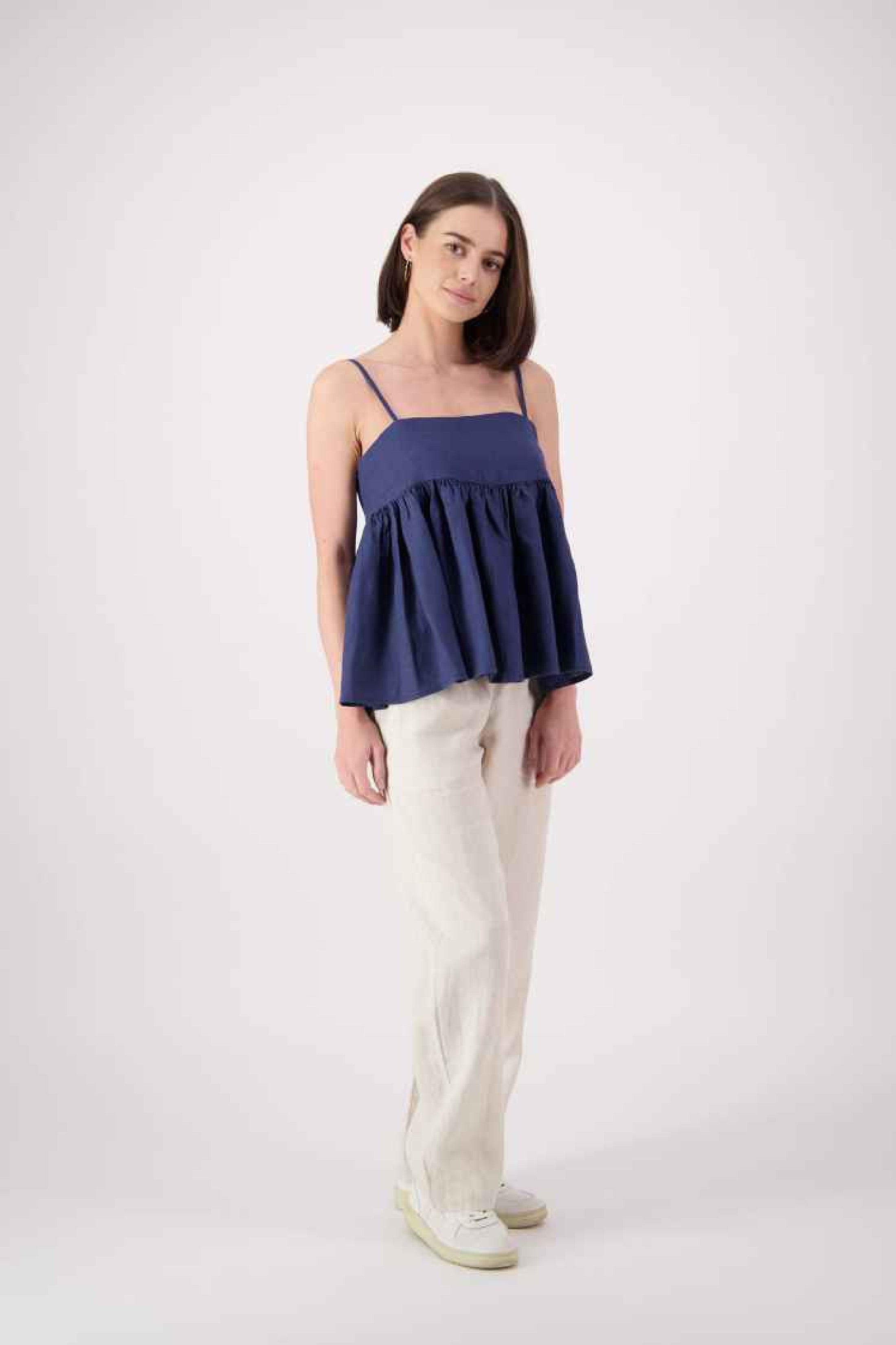 "Blue Lake linen top in navy, relaxed square neck cami with pleated front, handmade by Lohi Linen in Central Otago, New Zealand"