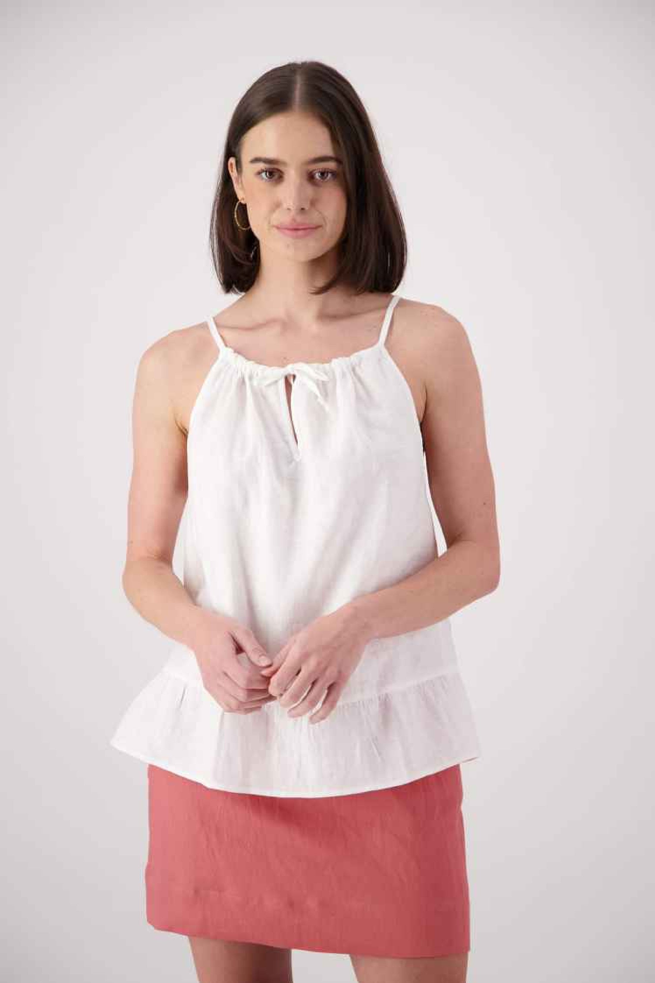 Front close up: "Cambrian linen top in white front view showing halter neckline and gathered detail, handmade by Lohi Linen in Ranfurly, New Zealand"