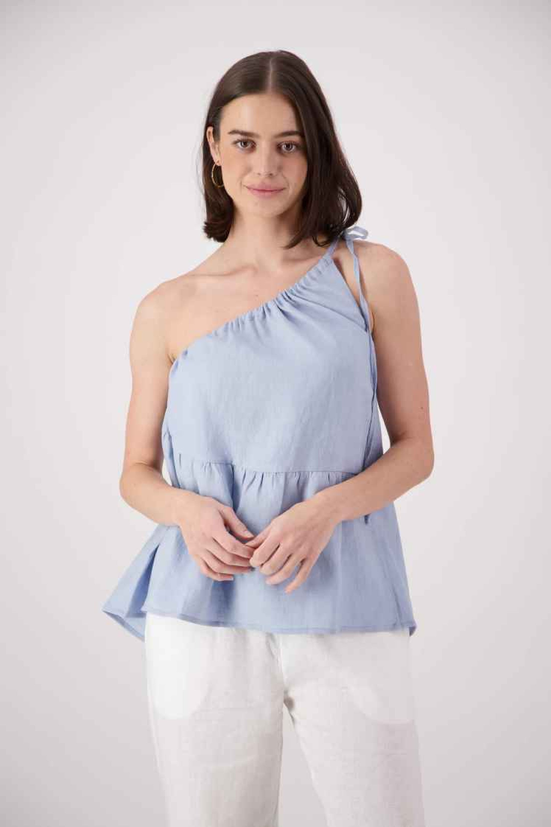 1. Main shot: "Ranfurly linen top in sky blue, relaxed one-shoulder asymmetric style with frill hem, handmade by Lohi Linen in Central Otago, New Zealand"