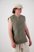 Front view full length: "Rough Ridge linen singlet in olive green full length front view with natural linen pants, handmade by Lohi Linen Central Otago"