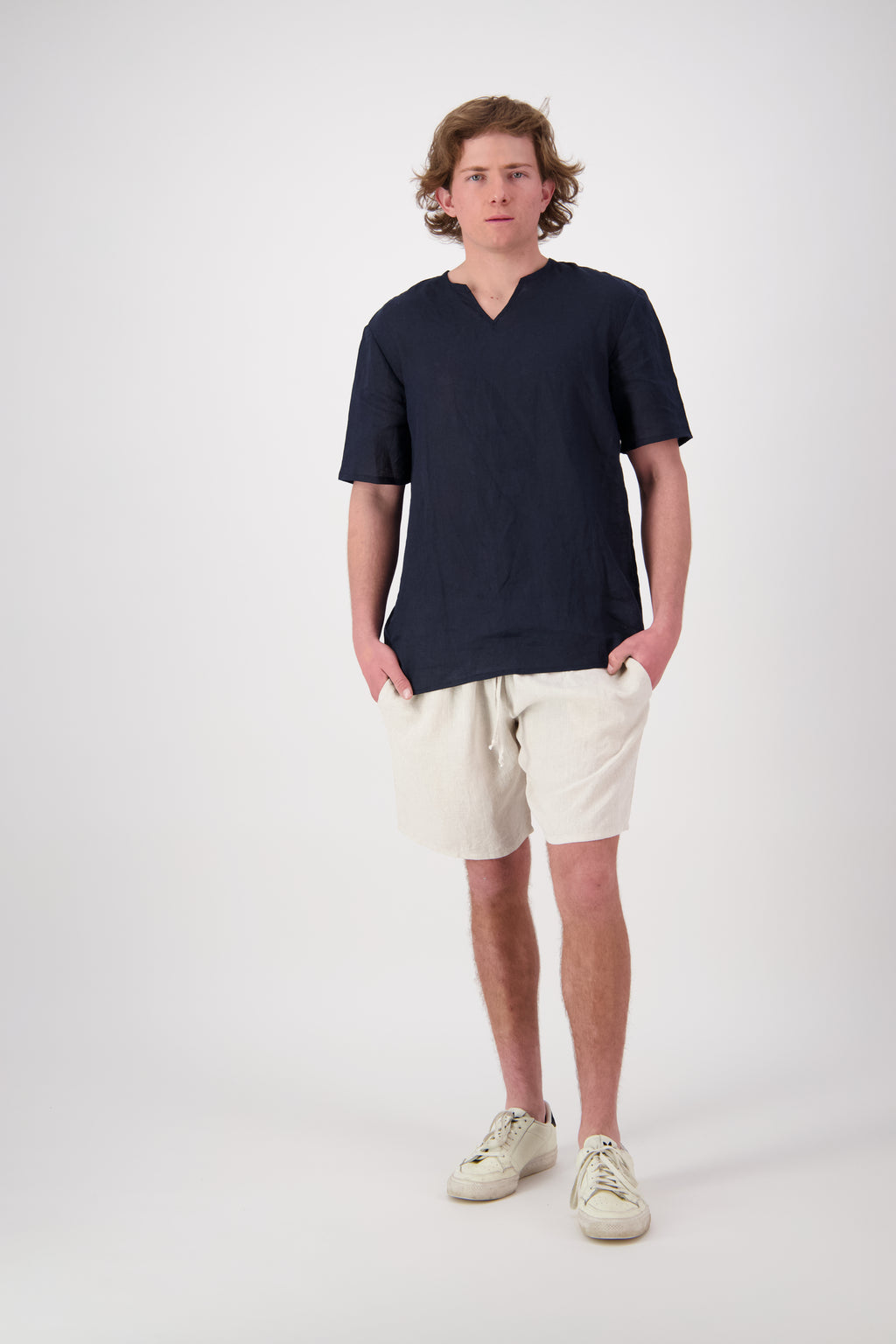 Front view Midnight: "St Bathans linen t-shirt in Midnight, relaxed fit short sleeve, handmade by Lohi Linen in Ranfurly, New Zealand"