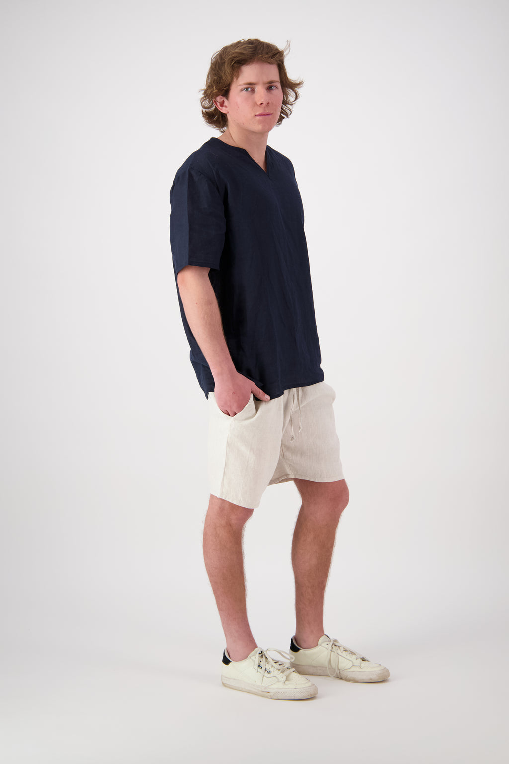 Front view Midnight"St Bathans linen t-shirt in Midnight, relaxed notch neckline short sleeve, handmade by Lohi Linen in Central Otago"